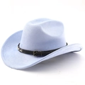 Close-up of black leather strap with bronze buckle on a light blue faux suede cowboy hat - M (56-58cm) / Light Sky Blue