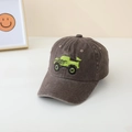 Close-up of a brown kids baseball cap featuring green off-road vehicle embroidery detail - 52cm 2-5 Years Old / Coffee