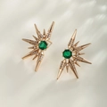 Golden sunburst earrings with emerald green gemstone and sparkling white crystals - Green Center Starburst / Gold