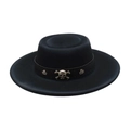 Black felt flat brim fedora with leather band and silver metal skull punk studs - One Size (M Top) / Black [White Skull]