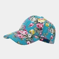 Detail of floral canvas baseball cap with pink rose patterns and blue fabric texture - Adjustable / Teal