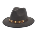Detail of wool fedora hat featuring a brown leather band with brass metal beads - M (56-58cm) / Dark Gray