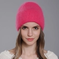 Vibrant pink angora rabbit hair knitted hat with soft texture and ribbed cuff - Rose Red