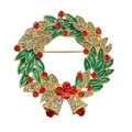 Christmas wreath brooch pin with green enamel leaves and red crystal bow decoration - Rhinestone Wreath