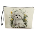 Pochette trucchi in tela bianco sporco con stampa maltese e motivi floreali - Stile Maltese