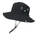 Detail view of the black sun hat showing metal side eyelets and adjustable chin strap - One Size / Double Buckle Black