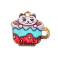 Detailed close-up of a blue enamel teacup cat pendant with gold-plated metal edges - Red-KC Gold