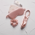 Pink satin silk sleep set featuring a sleep mask, large scrunchie and twisted headband - Gold Pink