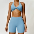 Light blue two-piece yoga set with halter neck sports bra and high-waist shorts - S / Top And Bottom / Haze Blue