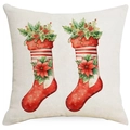Christmas pillowcase with watercolor stocking print on linen fabric for holiday decor - Red Christmas Sock / 45*45cm Single-sided Linen