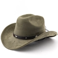 Close-up of olive green felt cowboy hat with brown leather band and silver star studs - M (56-58cm) / Army Green