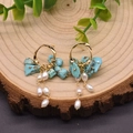 Baroque pearl earrings with turquoise stones and gold tassels in bohemian style - Turquoise