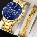 Men's gold steel watch with blue Roman dial and matching curb chain bracelet set - Gold Blue Watch with Bracelet Set