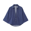 Flat lay of a dark blue denim shirt with lapel collar and golden buttons on white background - XS / Tops