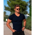 Close-up of men's slim fit V-neck t-shirt in dark blue ribbed knit fabric texture - Navy Blue