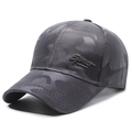 Dunkelgraue Camouflage Baseballkappe mit Sport-Stickerei und gebogenem Schirm in Seitenansicht - Stickerei-Etikett / Dunkelgrau