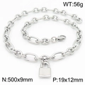 Silver hip hop stainless steel oval link chain necklace with metal lock pendant - Padlock Pendant Necklace (KN217611-Z)