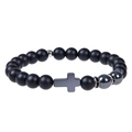 Bracciale di perle occhio di tigre nero opaco con croce in metallo e cordino elastico - Biglietto di Benedizione (Bless) / Magnete Nero + Pietra Opaca