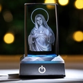 Detailed view of 3D laser engraved Virgin Mary crystal cube on a black LED light base - Virgin Mary / 5x5x8CM