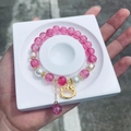 Pink ice crack beaded bracelet with white pearls and gold Kitty charm in display box - S050 - Golden Cat Pink Bursting Floral Bracelet #sz372