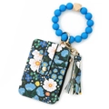 Blue silicone beaded bracelet with floral pattern card holder and golden keyring tassel - Dark Blue