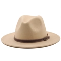 Classic wide brim beige felt fedora hat for men and women with brown leather belt trim - M (56-58cm) / Beige
