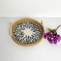 Handmade rattan round tray with shell inlay and wooden handles, 24cm diameter size - Black Leaf / Medium 24x3cm