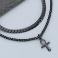 Close-up of black double-layered stainless steel necklace with Ankh cross pendant - Black (KN283145-KFC)