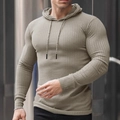 Slim fit khaki knitted hoodie for men featuring muscle cut design and drawstring hood - M / Light Gray