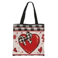 Polyester tote bag featuring large red heart with checkerboard bow and polka dots pattern - Style 5 Black White Plaid Red Heart
