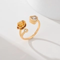 Gold-plated open ring featuring a 3D rose and a sparkling heart-shaped zircon stone - Rose Heart Stone (JZ036)