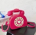 Retro rose pink telephone-shaped crossbody bag in glossy patent leather with dial detail - Rose Red