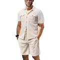 Conjunto de punto gofrado para hombre con camisa de manga corta beige y pantalones - Albaricoque