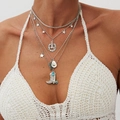 Detailed close-up of 4-layer bohemian necklace with cowboy hat and cactus charms - Silver (4-Piece Set)
