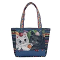 Ethnic woven tote bag featuring black and white cats with colorful fruit patterns - Fruit Cats