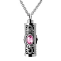 Silver cremation pendant necklace with vintage scroll patterns and a pink gemstone - October