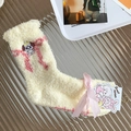 Cream coral fleece winter sock featuring sweet puppy embroidery and a pink satin bow - One Size / Yellow/Dog
