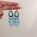Close-up of Bohemian drop earrings with blue water drop crystals and beaded tassels - Streaming Flower Tassel (39# Earring Hook) / Light Blue