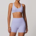 Set da yoga lilla da donna con pantaloncini a vita alta e reggiseno sportivo a V - Taglia S / Top E Pantaloni / Reggiseno + Pantaloncini / Viola Romantico