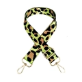 Macro view of leopard print nylon strap with polished gold hardware and swivel hooks - Silver Clasp / Fluorescent Green