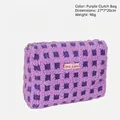 Purple waffle plush makeup bag with violet checkerboard pattern and silver zipper - Clutch Bag / Purple
