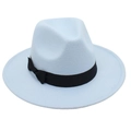 Detail of baby blue fedora hat featuring a black grosgrain ribbon and bow decoration - One Size / Sky Blue