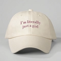 Beige cotton baseball cap with red I'm literally just a girl embroidery text - Beige