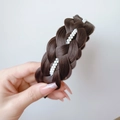Hand-braided dark brown hair headband with elegant white pearls for women - Four-strand Double Row Pearl (4.5CM Wide) / Dark Brown