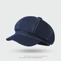 Classic dark blue denim octagonal cap with contrasting white stitching and top button - One Size / Washed Denim Octagonal Hat-Dark Blue