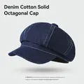 Classic dark blue denim octagonal cap with contrasting white stitching and top button - One Size / Washed Denim Octagonal Hat-Dark Blue