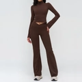 Deep brown yoga set featuring a zip-up stand collar top and cross-waist flared pants - S / Top And Bottom (Jacket & Flared Pants) / Coffee