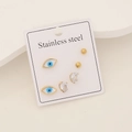 Detailed view of evil eye stud earrings set with zircon stones in stainless steel - Eye & Round Zircon Style (11#)