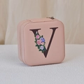 Pink PU leather jewelry case with floral letter V and a secure zipper closure - Print V