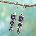 Vintage silver earrings with purple amethyst square round and teardrop stones - Triple Purple Stone Style
